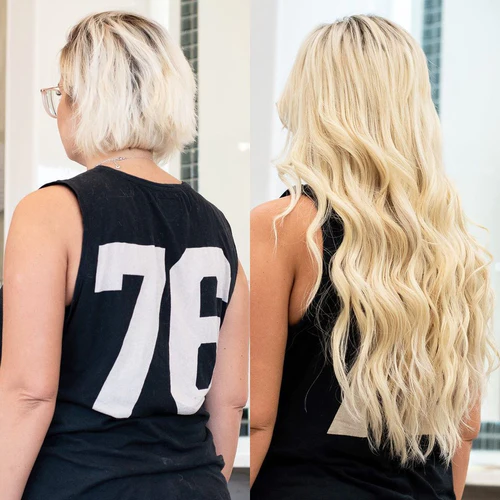 Before and after permanent hand tied extensions for thin hair at Glamour Locks