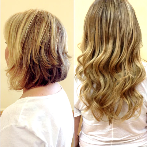 Before and after blonde hair showing added length and fullness with extensions