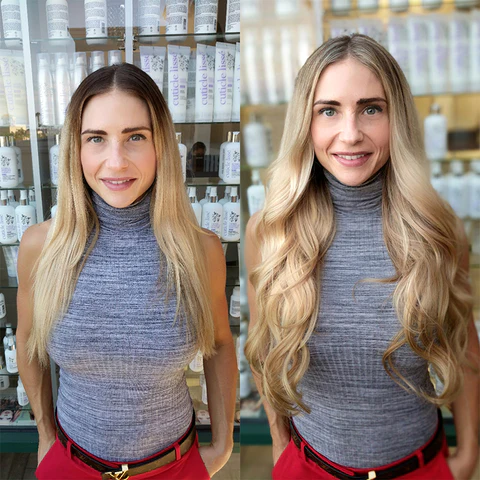 Before and after front view showing fuller hair with Glamour Locks extensions