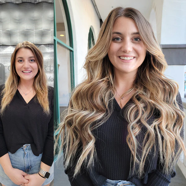 Close-up of hand tied extensions for thin hair showing flat and seamless results