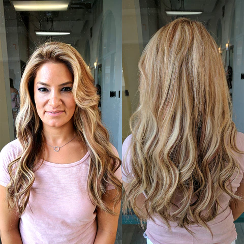 Woman with long, voluminous hair from Glamour Locks extensions