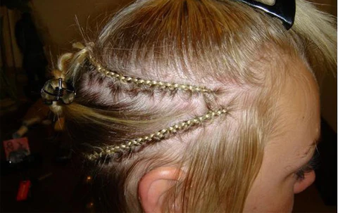 Sew-in weave showing braided base and sewn extension wefts