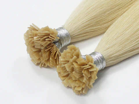 Close-up of individual keratin bonded extension strands