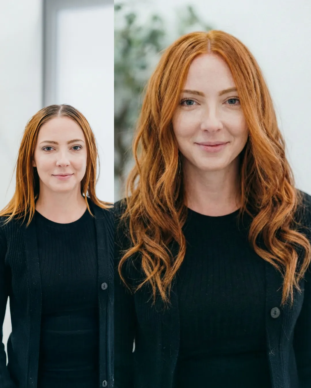 Red hair extensions front before and after