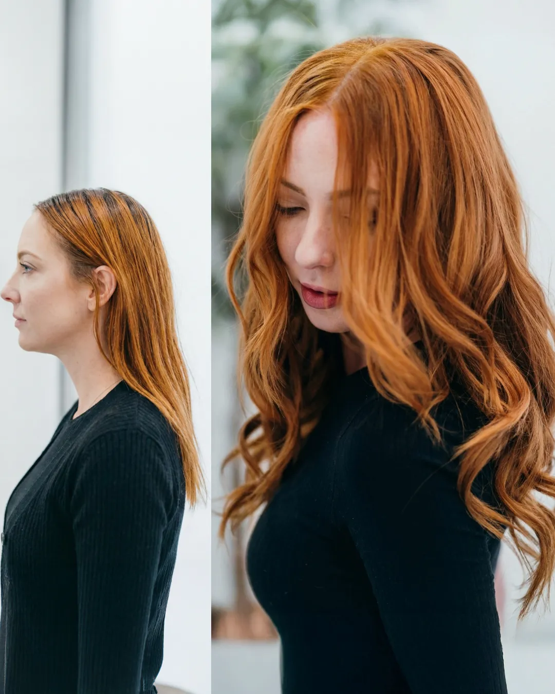 Red hair extensions side before and after