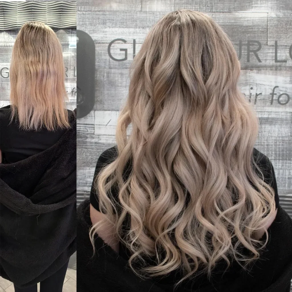Before and after ash blonde weft hair extensions showing increased density and length