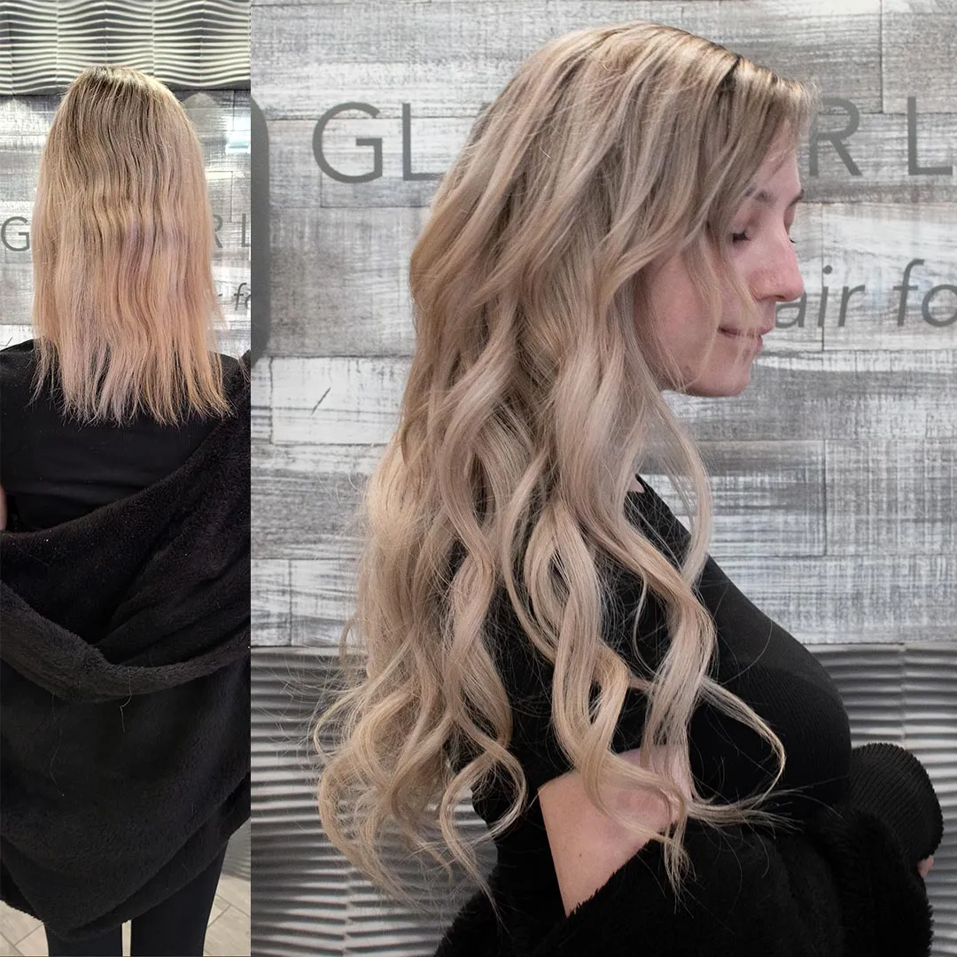 Side view before and after weft hair extensions demonstrating seamless blend and added length