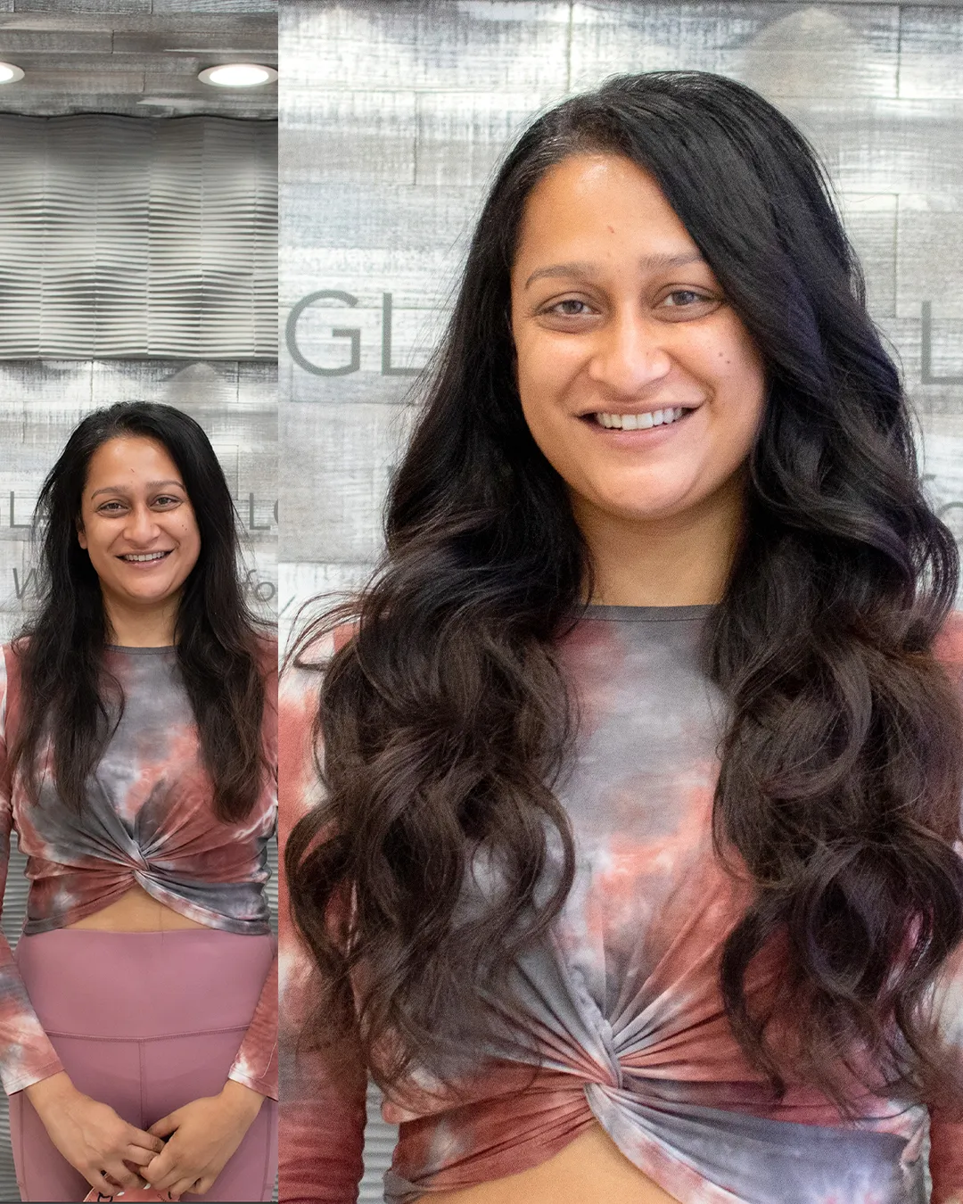 Before and after weft hair extensions showing natural length, volume, and professional installation