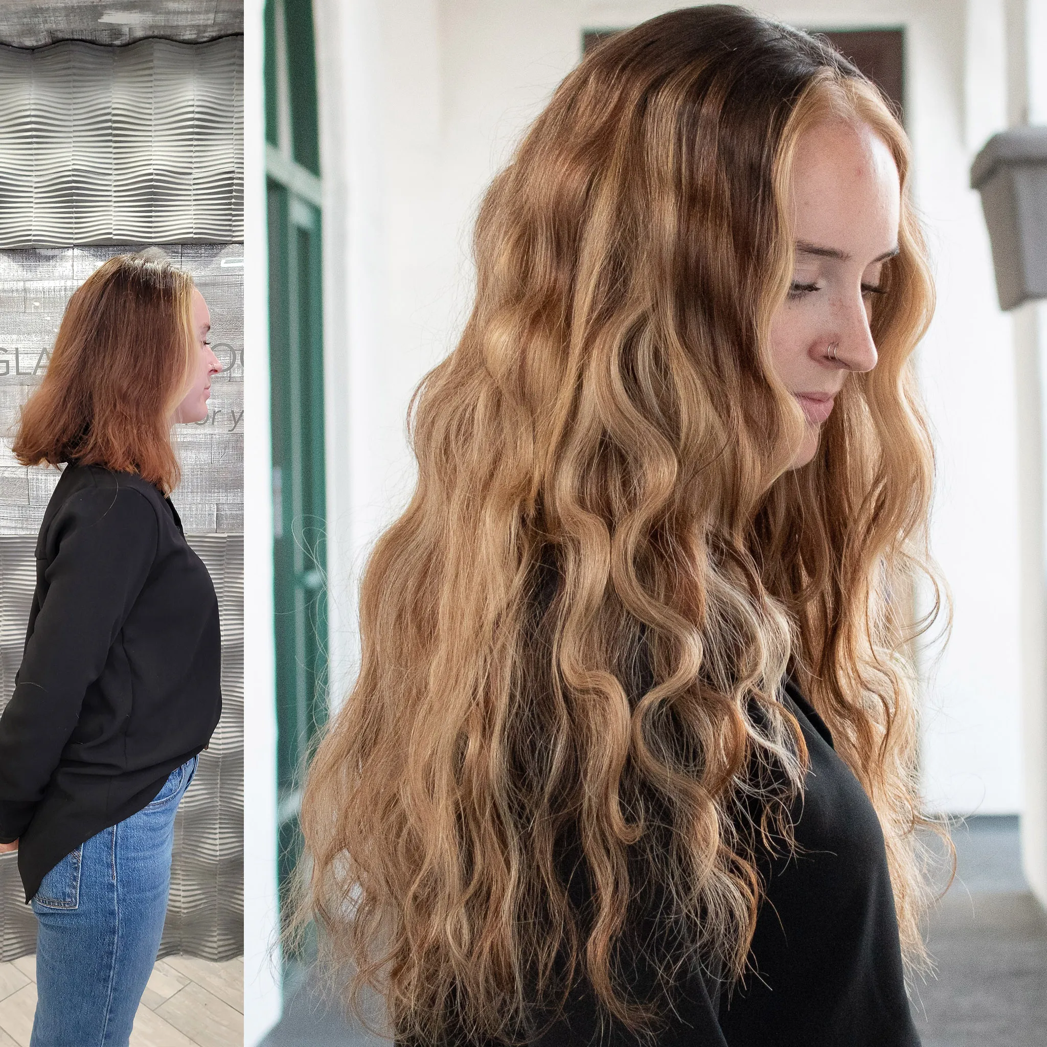 Side profile before and after weft hair extensions highlighting seamless beaded weft installation and length transformation