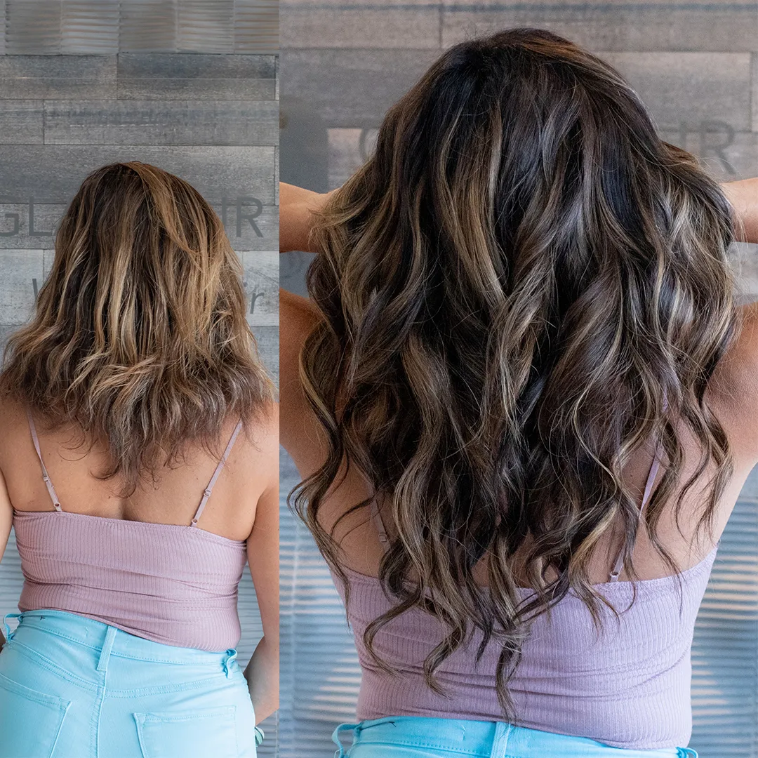 Back view before and after weft hair extensions highlighting natural movement and seamless installation