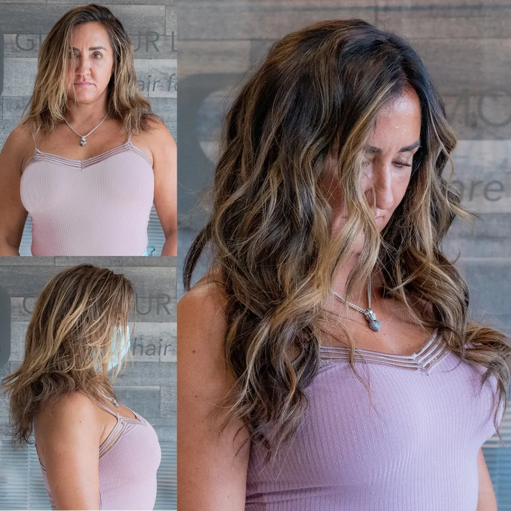 Before and after weft hair extensions with brunette root shadow showing added length, volume, and seamless blend