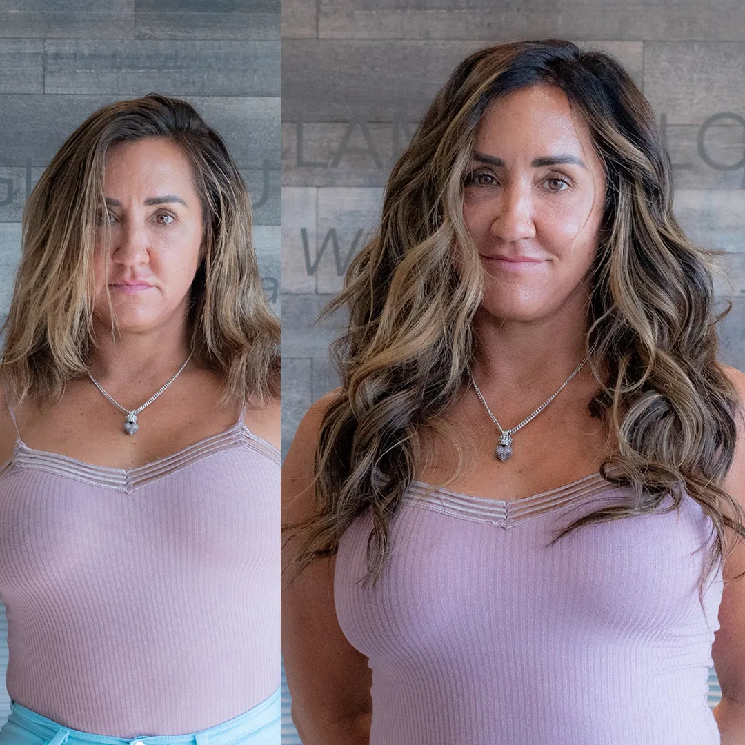 Front view before and after weft hair extensions showing fuller length and natural-looking results
