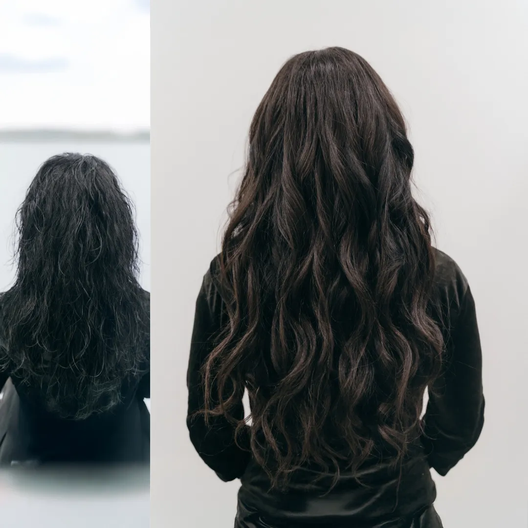 Hair topper coarse straight hair before and after - back view