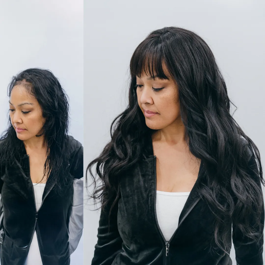 Hair topper coarse straight hair before and after - right view